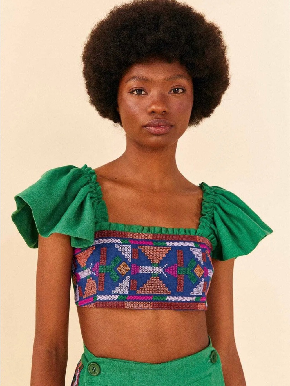 FARM RIO BOHO CROSS-STITCH EMBROIDERED GREEN LINEN SMOCKED
CROP TOP SiZE Large